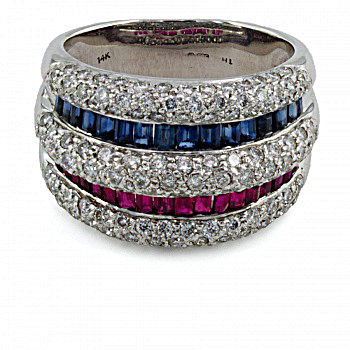 14ct White Gold Diamond Sapphire Ruby Ring Size L